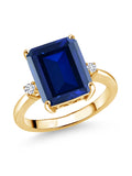 18K Yellow Gold Plated Silver Blue Simulated Sapphire and White Lab Grown Diamond 3 Stone Engagement Ring E135