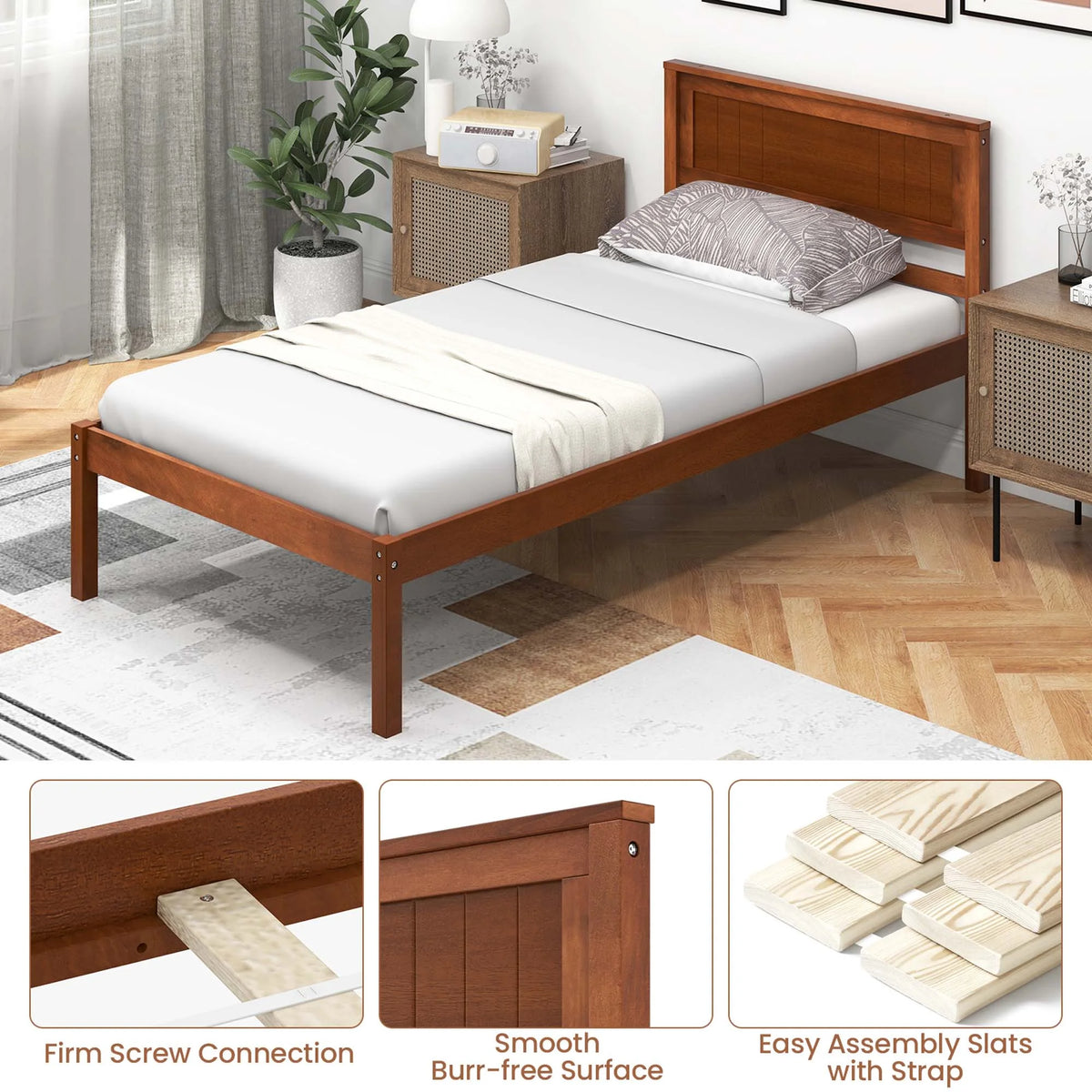 Twin Size Wooden Platform Bed Frame with Headboard O68463