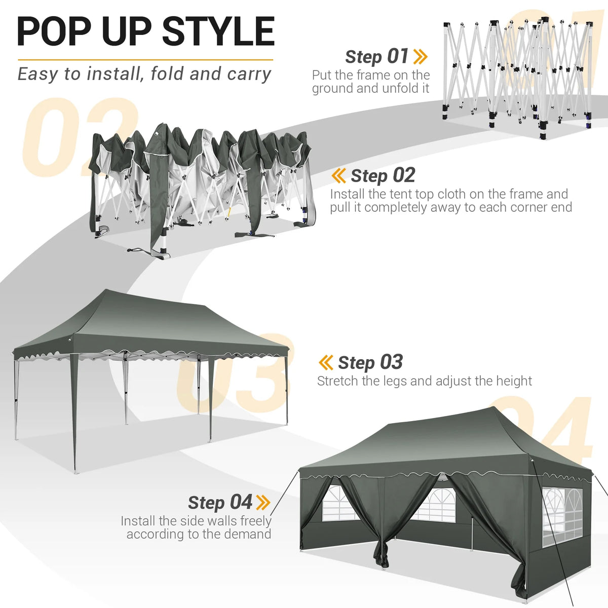 10' x 20' Pop Up Canopy Tent with 6 Removable Sidewalls, Carry Bag, 4 Sandbags, Gray L841