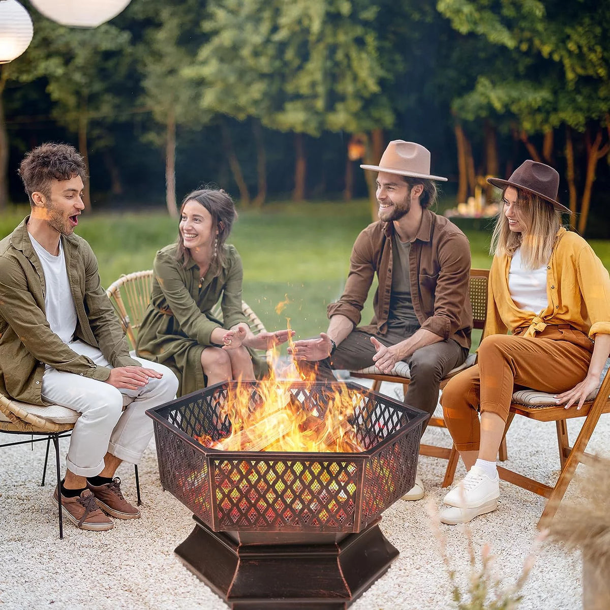 28'' Hex Shaped Steel Wood Burning Fire Pit with Spark Screen & Fire Poker A40958