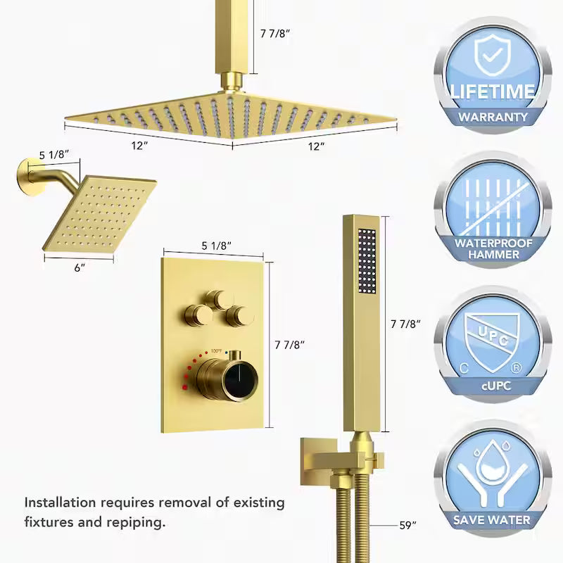 Brushed Gold Thermostatic Ceiling Mount Shower Head Z19181