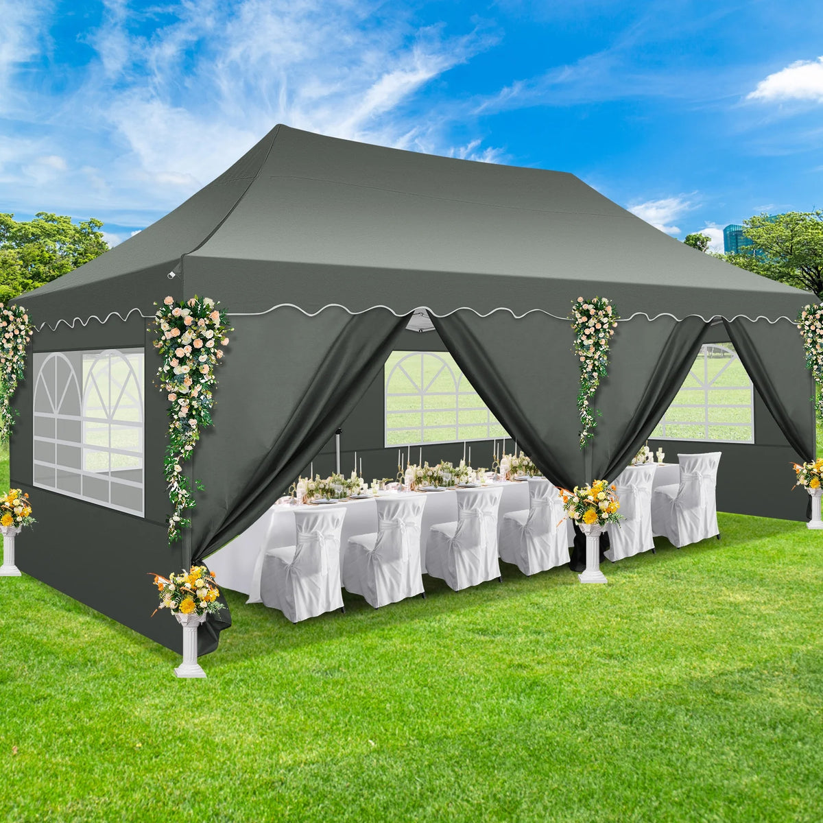 10' x 20' Pop Up Canopy Tent with 6 Removable Sidewalls, Carry Bag, 4 Sandbags, Gray L841