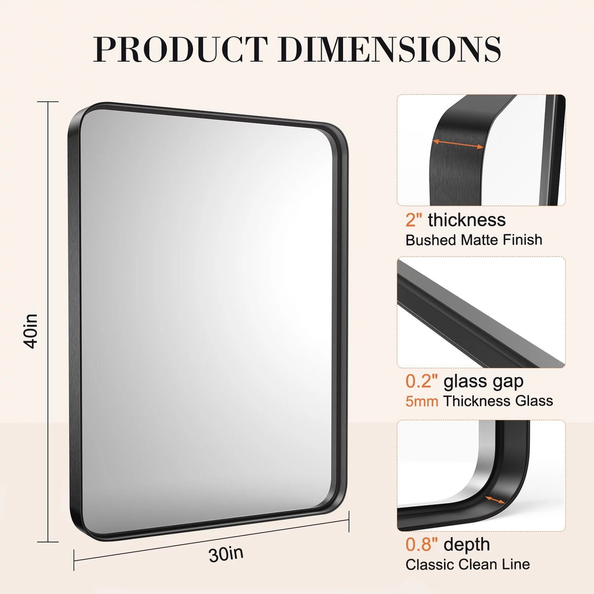 40"x 30" Black Rectangular Metal Frame Wall Mirror Y9068