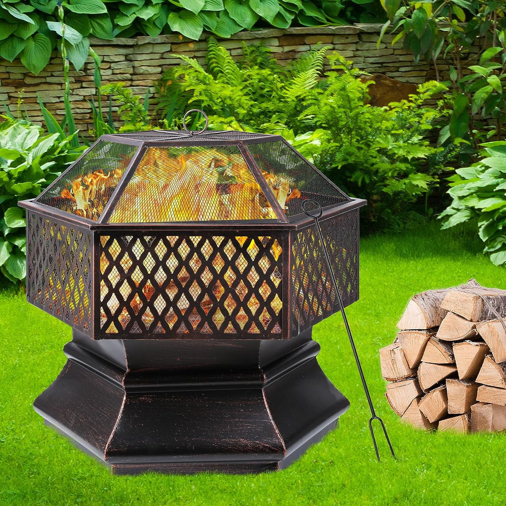 28'' Hex Shaped Steel Wood Burning Fire Pit with Spark Screen & Fire Poker A40958