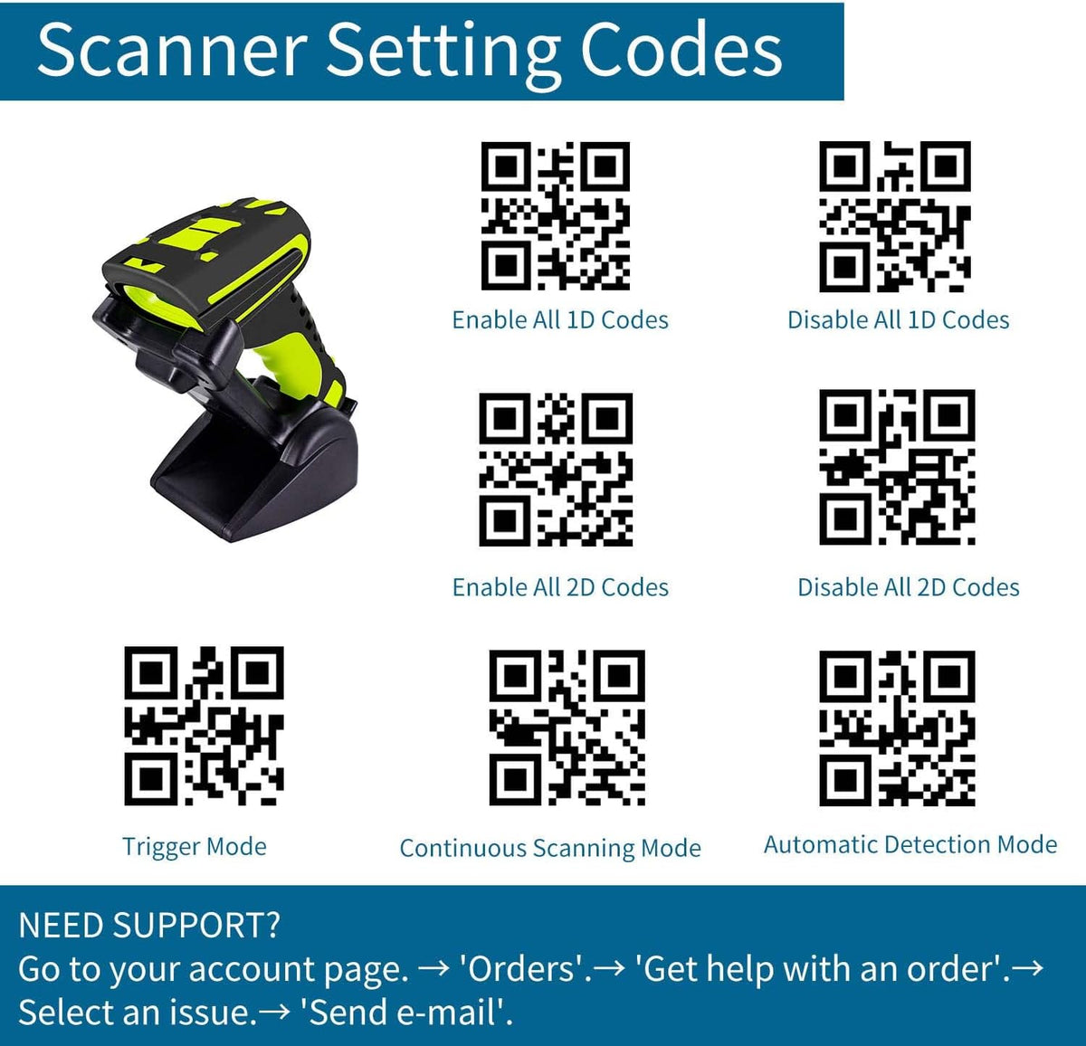 2D Industrial Barcode Scanner with Wireless Charging Stand, 433Mhz Wireless & Bluetooth 2in1, Pack of 2 N77336