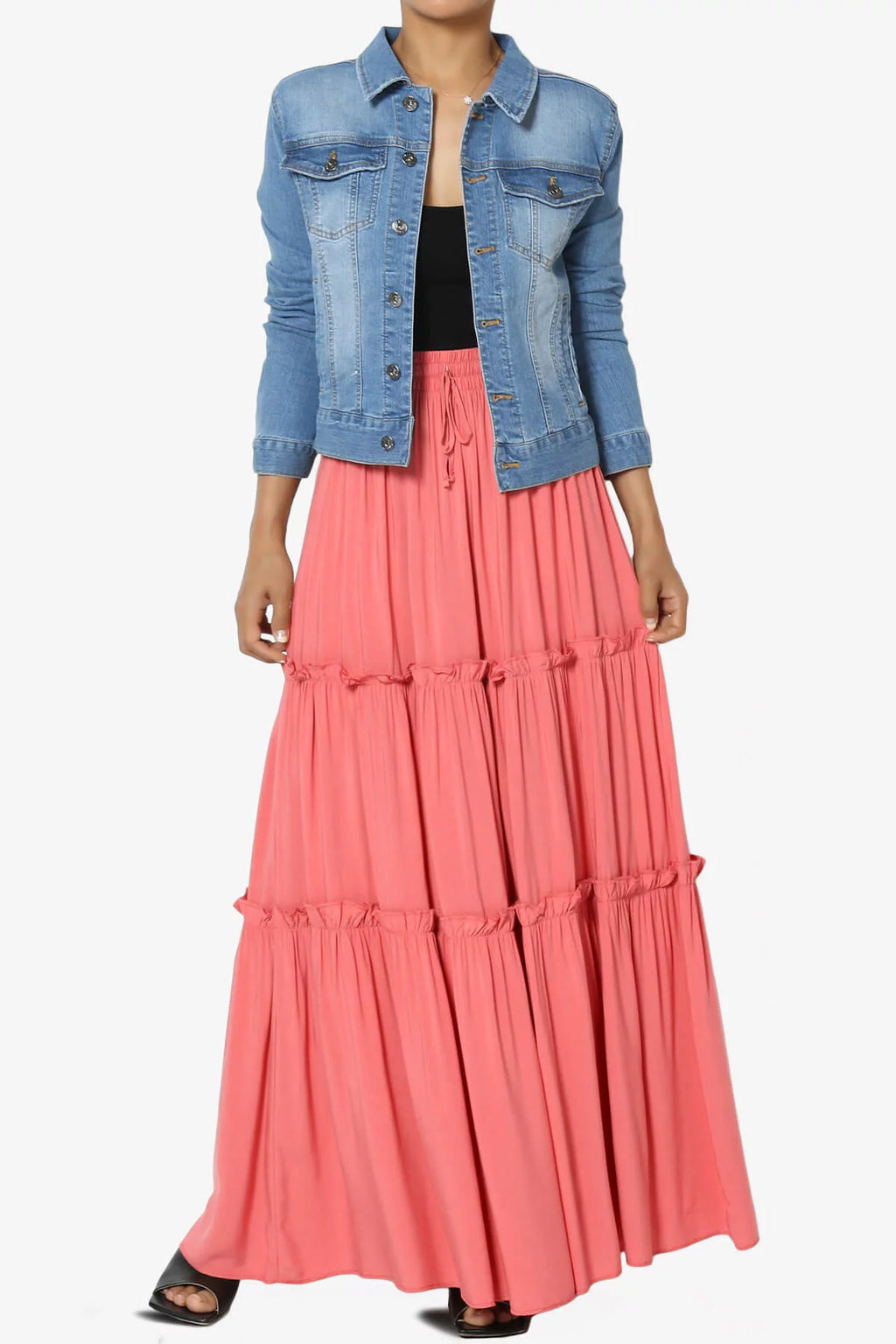 Ruffle Tiered Drawstring High Rise A-Line Maxi Skirt Y28077
