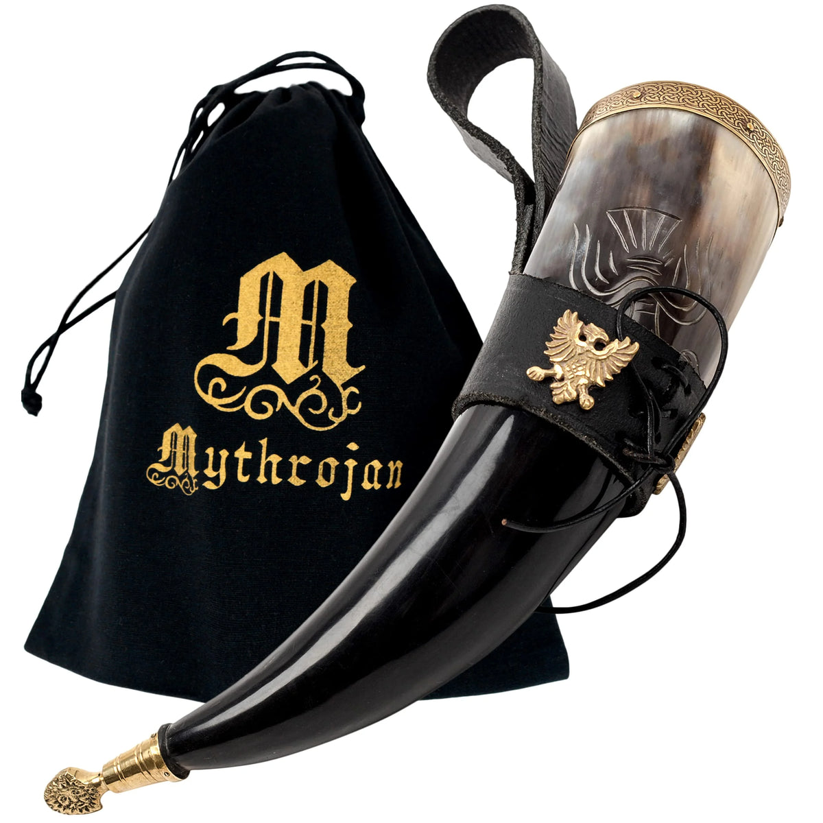 Polished Viking Drinking Horn with Black Leather Holder D13623