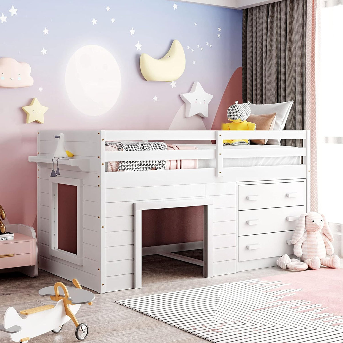 Twin Size Espresso Loft Bed with Desk and Storage Cabinet R8502