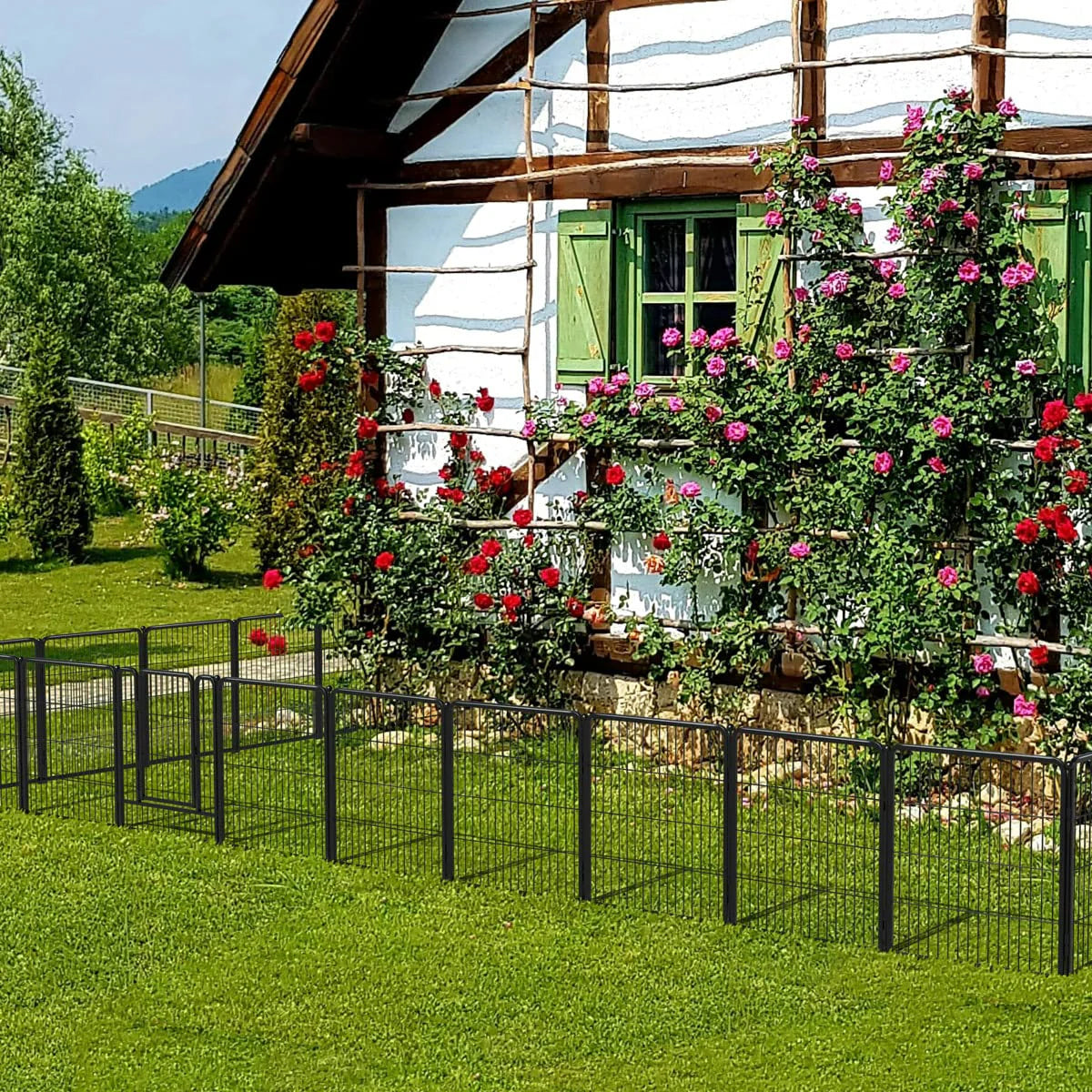 24 Panels 54ft x 32in Black Metal Garden Fence with 2 Gates K410652