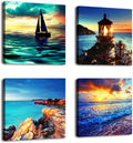 Ocean Canvas Wall Art 16 x 16 x 4 Piece Blue Sea Shore Landscape Framed Ready to Hang U6325