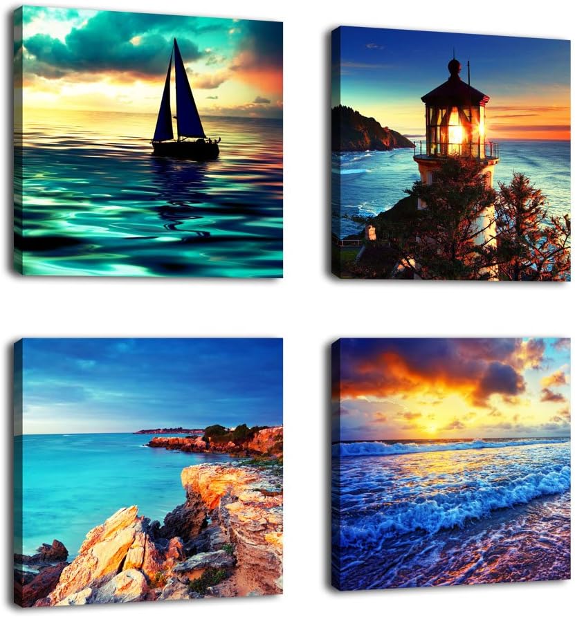 Ocean Canvas Wall Art 16 x 16 x 4 Piece Blue Sea Shore Landscape Framed Ready to Hang U6325