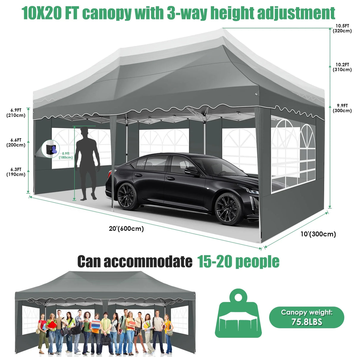 10' x 20' Pop Up Canopy Tent with 6 Removable Sidewalls, Carry Bag, 4 Sandbags, Gray L841