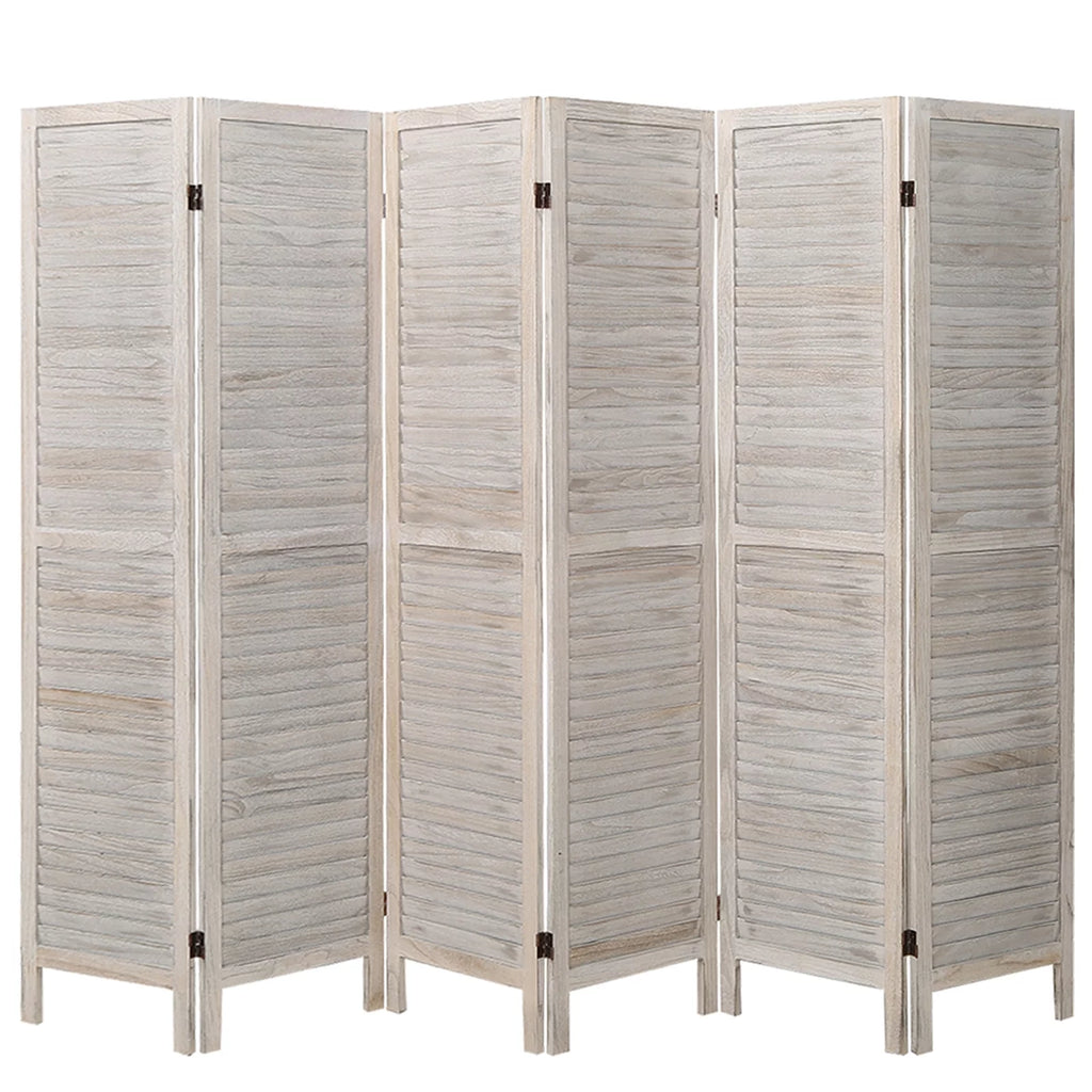 6 Panel Louver-Design Wood Room Divider Folding Screen 5.6 Ft Tall White X939