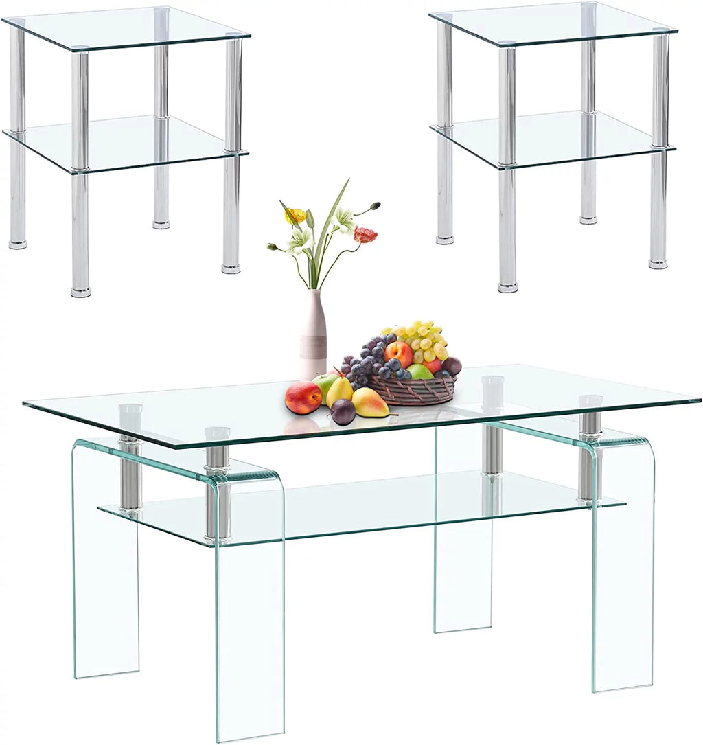 Glass Coffee Table End Table Sets of 3 with Storage Metal Leg X6323