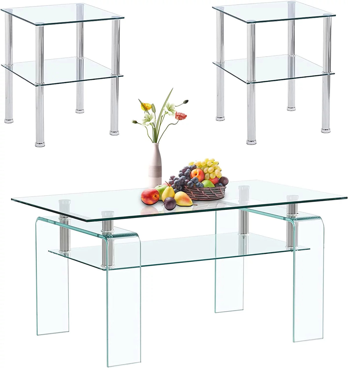 Glass Coffee Table End Table Sets of 3 with Storage Metal Leg X6323