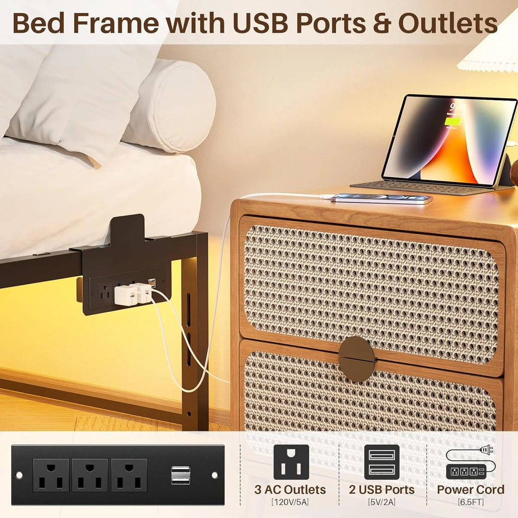 14 Inch Queen Size Metal Platform Bed Frame with Charging Station and LED Lights U4870