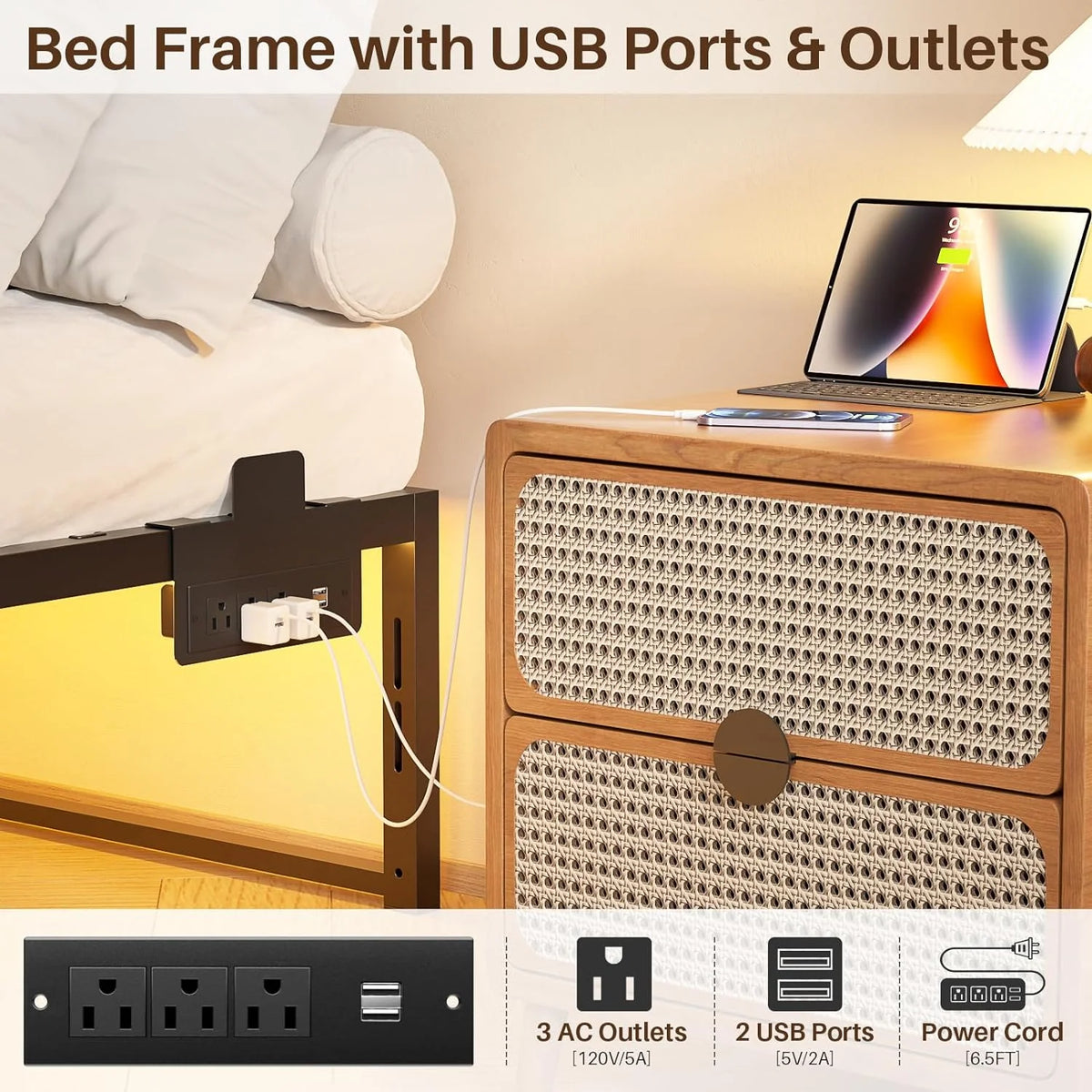 14 Inch Queen Size Metal Platform Bed Frame with Charging Station and LED Lights U4870