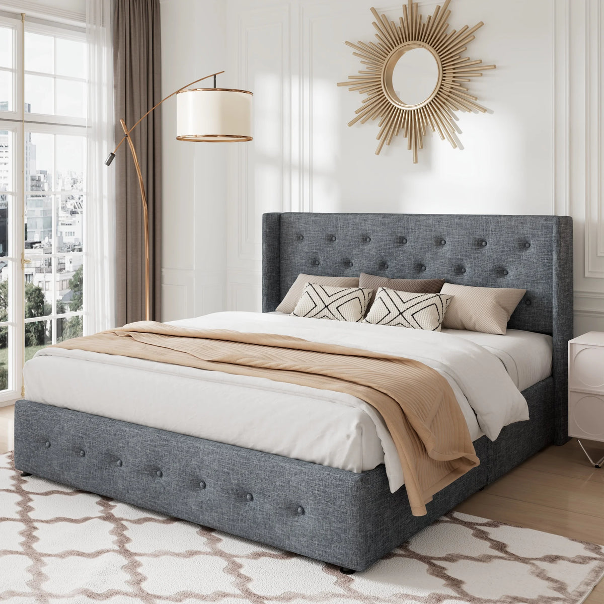 Queen Size Lift Up Storage Bed Frame with Wingback Headboard D6581