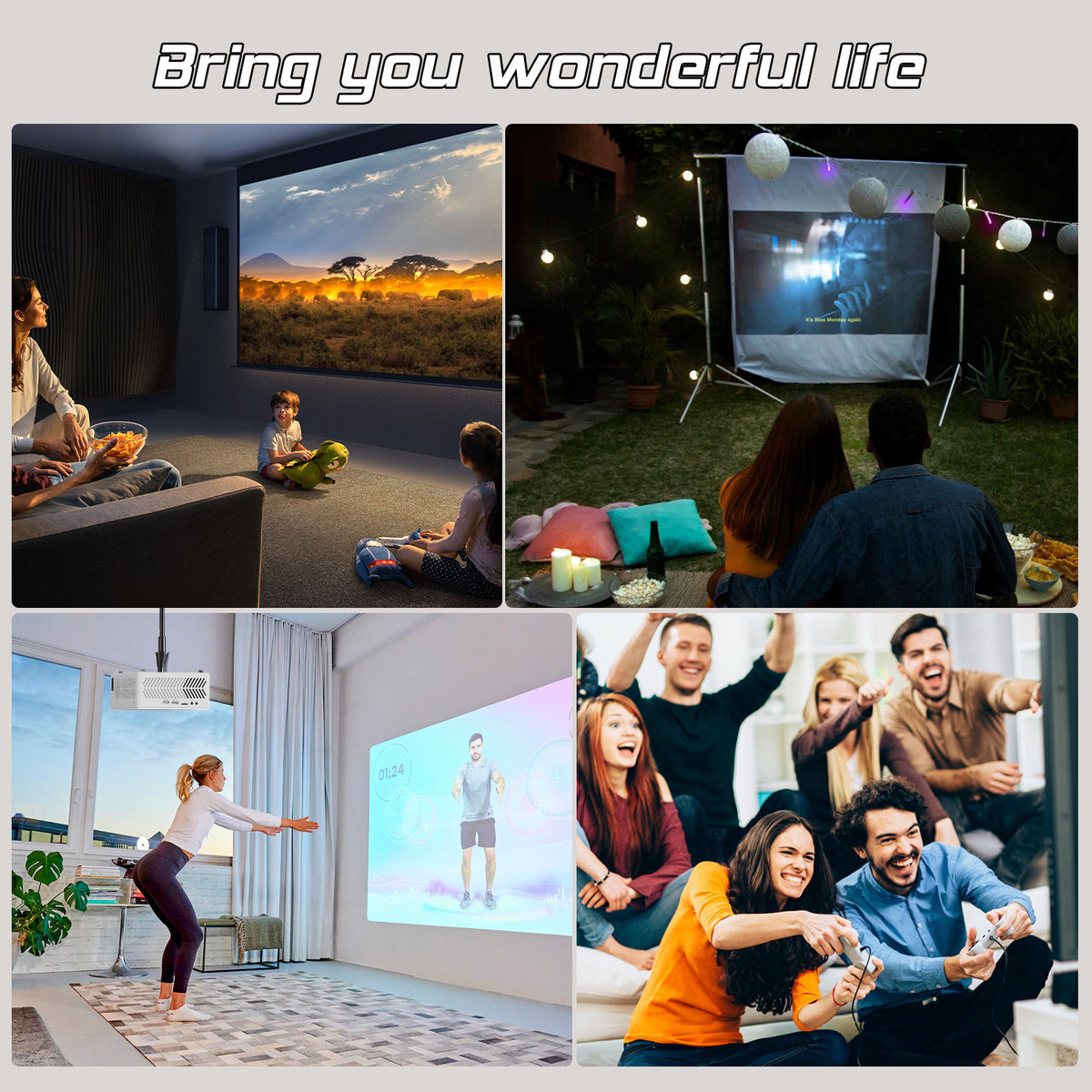 4K Supported Native 1080P Video Projector with 100" Screen Q28943