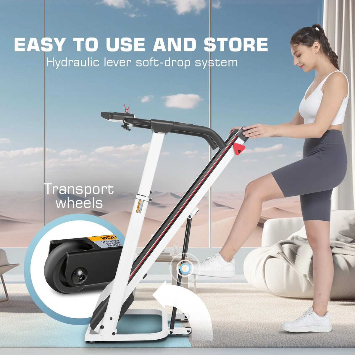 Folding Treadmill with Removable Desk, Adjustable Height, 300lb Weight Capacity, White Y455