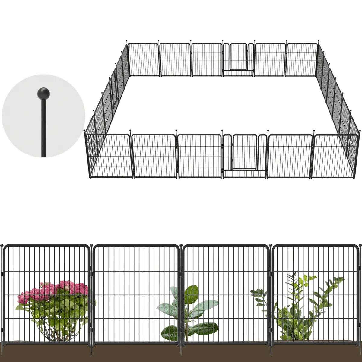 24 Panels 54ft x 32in Black Metal Garden Fence with 2 Gates K410652